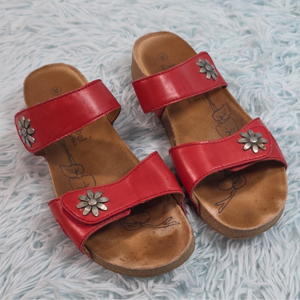 Josef Seibel Tonga Red Leather Flower Slide Sandals Women's EU 39 US 8-8.5